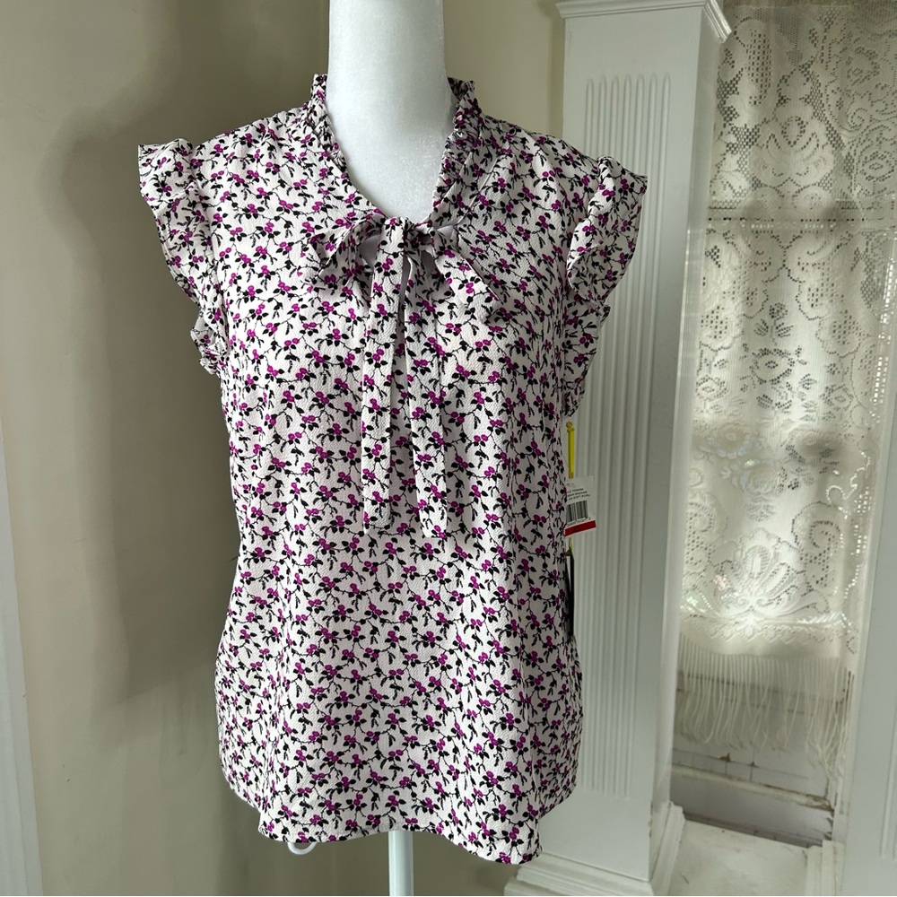 CeCe Pink Flutter Sleeve Floral Ruffle Blouse with ribbon tie front